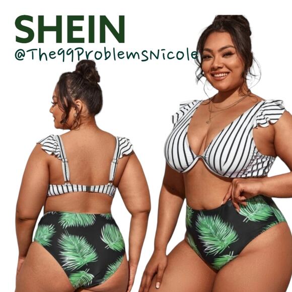 Plus Striped & Leaf Print Underwire Bikini Swimsuit - Picture 1 of 8